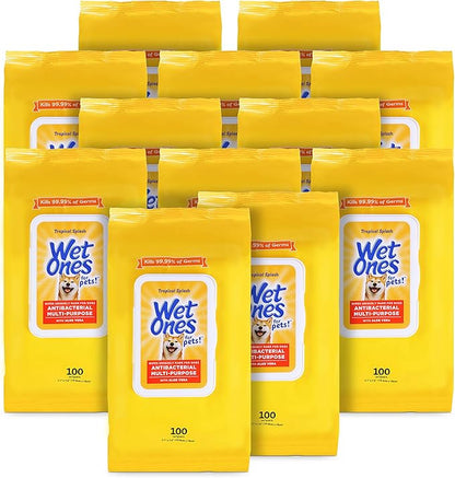 Wet Ones for Pets Multipurpose Dog Wipes with Aloe Vera, Tropical Splash Scent - Pet Bathing Wipes with Wet Lock Seal for Dog Paws & All Over Use, 100 Count - 12 Pack