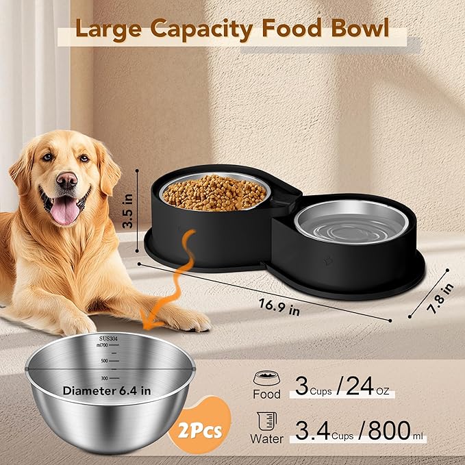 Newget Stainless Steel Dog Bowl Set, 304 Metal Dual Food & Water Bowls for Dogs & Cats, Large Capacity Pet Feeder, Anti-Skid Dog Dish for Small/Medium/Large Pets