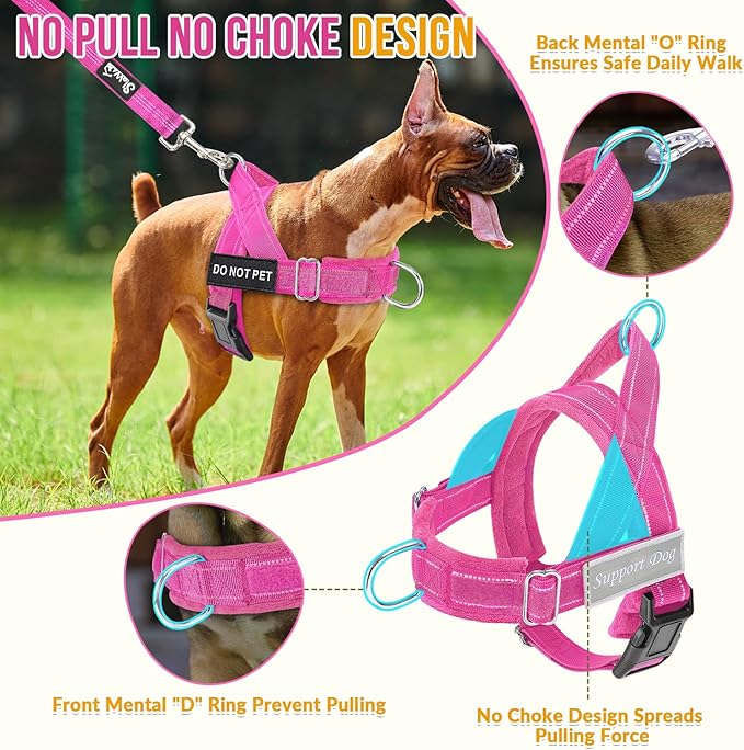 SlowTon No Pull Dog Harness - Heavy Duty Dog Harness and Leash Set for Medium Large Dogs, Reflective Tactical Harness with Soft Padded and Front Clip for Easy Walk and Training (Fuchsia L)
