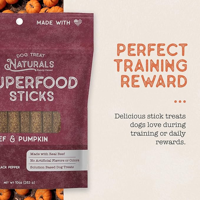 Dog Treat Naturals Superfood Sticks, Beef & Pumpkin, 10oz Bag | Dog Chew Sticks | All-Natural, Pet Training Treats | Joint-Skin-Coat Health | USA Made