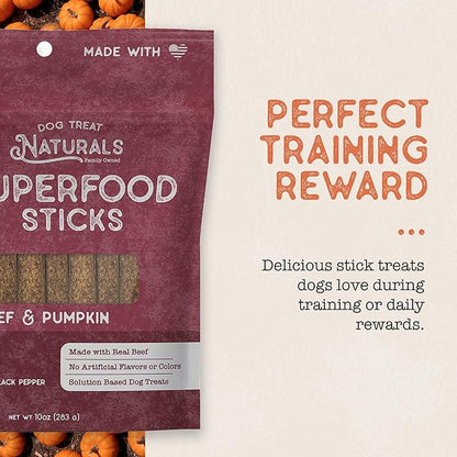 Dog Treat Naturals Superfood Sticks, Beef & Pumpkin, 10oz Bag | Dog Chew Sticks | All-Natural, Pet Training Treats | Joint-Skin-Coat Health | USA Made