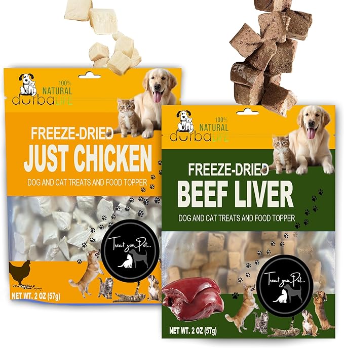 Freeze Dried Double Pack Dog & Cat Treats Food Topper Easy Chew & Digest (2 Packs) (2.0 oz Each, Chicken Cubes & Beef Liver)