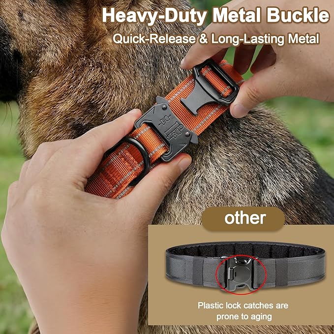 KCUCOP Tactical Dog Collar for Medium & Large Dogs - Military Nylon Heavy Duty Collar with Handle, Reflective Strip & Metal Buckle for Training, Outdoor (Orange Reflective, XLarge)