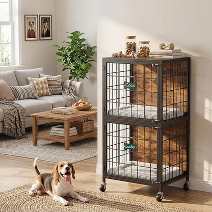 MAHANCRIS Dog Crate Furniture for 2 Dogs, 48.8" Tall Double Dog Kennel Furniture for Small Medium Dogs, 2-Tier Dog Cage End Table with Name Tags & Wheels, Decorative Dog House, Rustic Brown DCHR5401