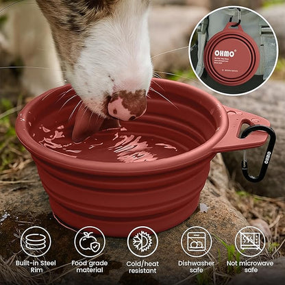 OHMO Collapsible Dog Water Bowls w/Built-in Stainless Steel Ring – 2pcs Large 27oz/800ml Portable Silicone Pet Feeding Bowl for Hiking, Camping, Travel