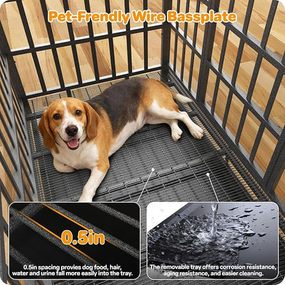 Hiwokk 42 Inch Heavy Duty Dog Crate, Indestructible Escape-Proof Dog Kennel for High Anxiety Large Dogs, Strong Metal Pet Cage with Double Doors, Lockable Wheels & Removable Tray, XL XXL XXXL