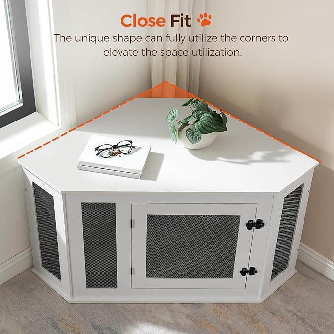 MAHANCRIS Corner Dog Crate Furniture, Wooden Dog Kennel End Table, Decorative Pet Crate Indoor Use, Furniture Style Dog House for Small Medium Dog, Dog Cage TV Stand, White and Black DCWT0801