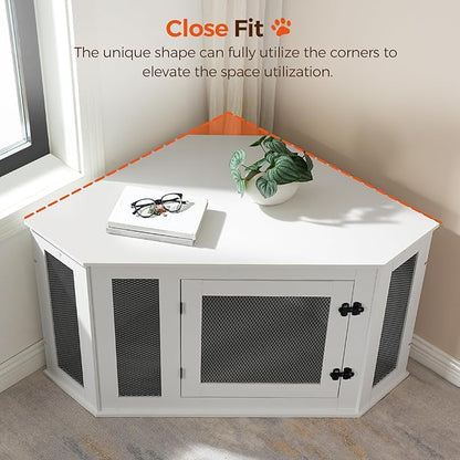 MAHANCRIS Corner Dog Crate Furniture, Wooden Dog Kennel End Table, Decorative Pet Crate Indoor Use, Furniture Style Dog House for Small Medium Dog, Dog Cage TV Stand, White and Black DCWT0801