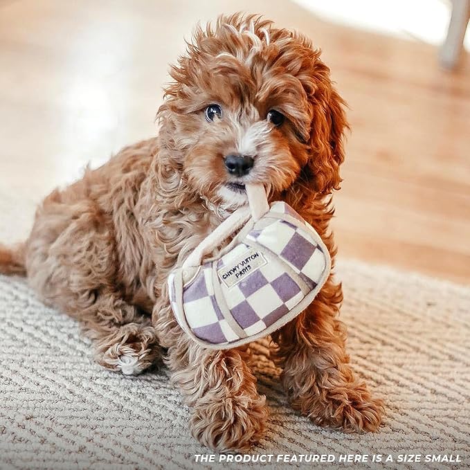 Haute Diggity Dog Chewy Vuiton Handbag Plush Squeaky Dog Toy, Soft Durable Designer-Inspired Stuffed Puppy Chew Toys for Small & Medium Dogs, Machine-Washable (Tan Checker) Small