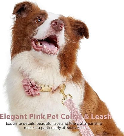 Pink Lace Dog Collar and Leash Set for Small Dogs with Detachable Flower Bow, Gold Hardware, Elegant Pet Accessories for Female Dogs,S