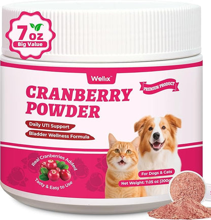 Wellix 7.05oz Cranberry Powder for Cats & Dogs - Kidney,Bladder,UTI for Cat Urinary Supplement - Rich in D-Mannose,Marshmallow Root,Blueberry,Cranberry Supplement for Dogs, Chicken Flavor