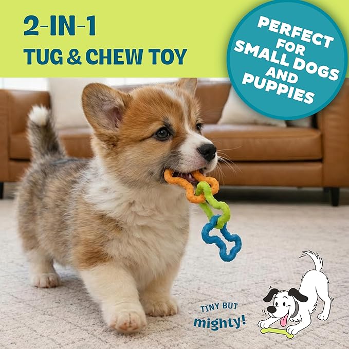 Bone Tugz Tug & Chew Dog Toy — Bendy, Textured Rubber for Tug-of-War, Light-Moderate Chewers, Teething Puppies & Small Dogs, 6.25" x 1.75"
