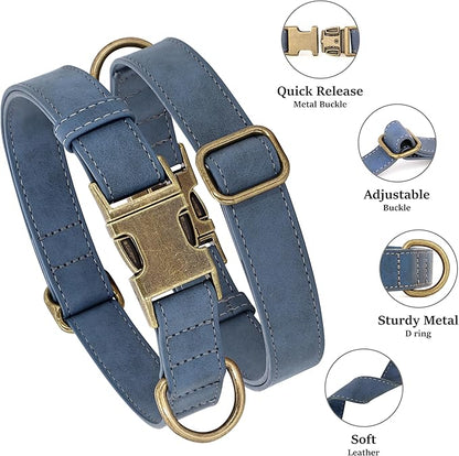 Didog Soft PU Leather Dog Collar, Stylish Quick Released Dog Collars for Small Dogs, Easy Clean Adjustable Pet Collar for Daily Walking, Blue, S Fit 10-15" Neck