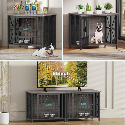 EasyCom Foldable Dog Crate Furniture, 31.5" Dog Crates for Small/Medium Dogs, Wooden Dog Kennel Indoor with Tag & Adjustable Dog Bowls, Dog Cage Use as End Table/TV Stand, Oak Grey