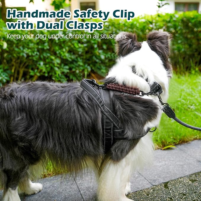 PetBonus Dog Collar Safety Clip, Handmade Backup Safety Strap for Dog Harness, Prong, Pinch Collar, Double Ended Clasp Leash Connector (Brown)