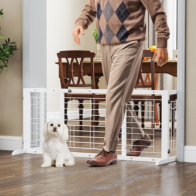 COZIWOW 38" -67" Dog Gate Indoor, Pet Gates for Doorways No Drilling, Wooden Free Standing Doggie Fence for Stairs, Safety for Small to Medium-Sized Dog,White