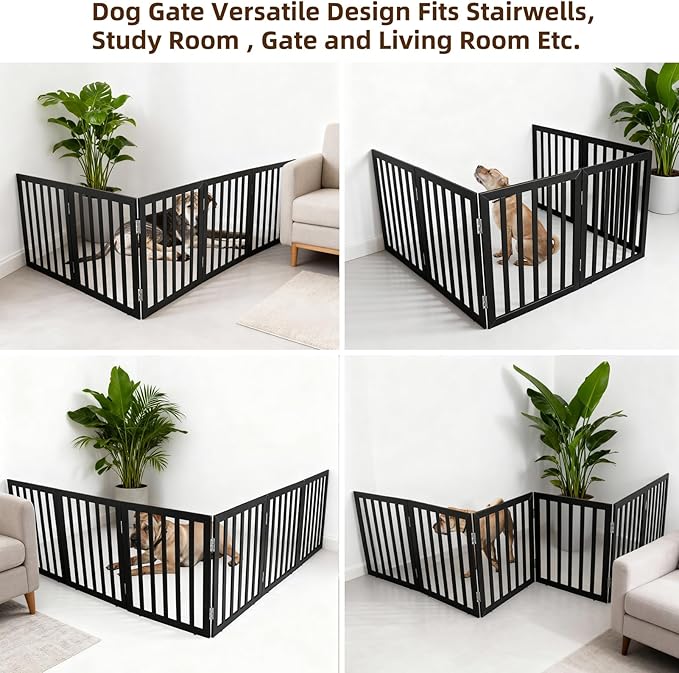 ZJSF Freestanding Indoor Dog Gate for House Foldable Wood Black Puppy Gate for Doorways Pet Gate for Stairs Extra Wide Pet Fence 24" Height 6 Panels