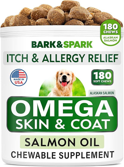 BARK&SPARK Omega 3 for Dogs - 180 Fish Oil Treats for Dog Shedding, Skin Allergy, Itch Relief, Hot Spots Treatment - Joint Health - Skin and Coat Supplement - EPA & DHA Fatty Acids - Alaskan Salmon