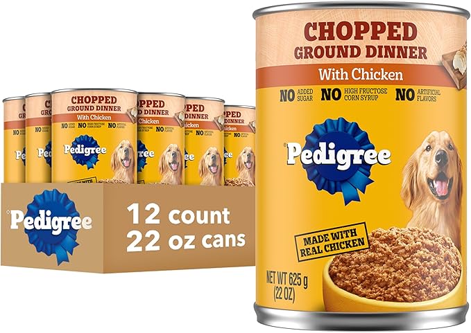 Pedigree Chopped Ground Dinner Adult Soft Wet Dog Food with Chicken, Canned Dog Food, 22 oz. Cans, 12 Count