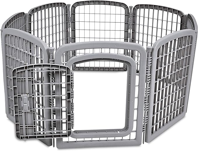 Amazon Basics 8-Panel Octagonal Plastic Dog Playpen, Indoor/Outdoor Pet Fence with Gate, Exercise Pen for Puppies and Small Animals, 28 inches, Grey