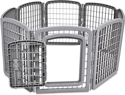 Amazon Basics 8-Panel Octagonal Plastic Dog Playpen, Indoor/Outdoor Pet Fence with Gate, Exercise Pen for Puppies and Small Animals, 28 inches, Grey