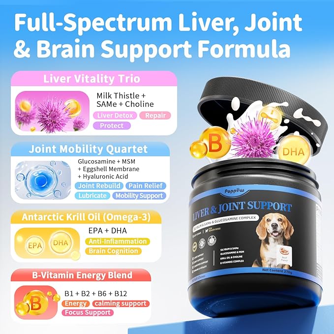 Senior Dog Liver & Joint Supplement – Same, Milk Thistle (Silybin), Glucosamine, MSM for Liver Health Detox, Mobility, Joint Pain Support, Cognitive & Vitality Support, Beef Flavor, 90Ct