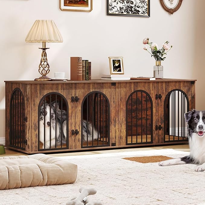 Hzuaneri 71" Dog Crate Furniture for 2 Dogs, Heavy Duty Indoor Dog Kennel TV Stand, XL Wooden Dog Cage with Divider for Medium Large Dogs, End Table Dog Crate with Cushion, Rustic Brown DFC81901B