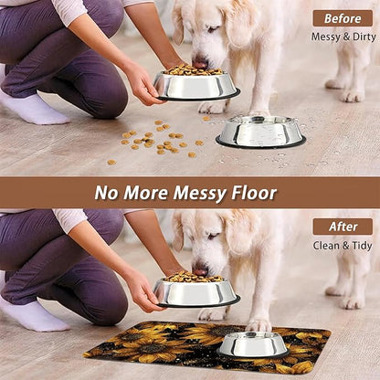 Sunflower Vintage Pet Feeding Mat,Absorbent Quick-Dry Cat Dog Food and Water Bowl Mats, Non-Slip Rubber Backing Mat,Cat Dog Accessories Supplies 16"x24"