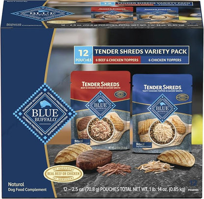 Blue Buffalo Tender Shreds Tasty Chicken Topper and Beef & Chicken Topper Natural Dog Food Complement, 2.5-oz. Pouch, 12-Count Variety Pack