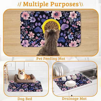 Paw Print Dog Food Mat,Watercolor Flower Absorbent Pet Feeding Mat for Food and Water Bowl,Quick Dry Dog Placemat Non Slip Rubber Backing Waterproof Pet Supplies 12" x 20"