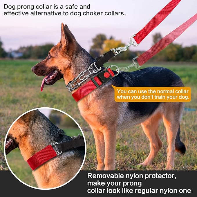 Prong Training Collar With Nylon Cover Comfort Tips and Quick Release Snap Buckle, Classic Collar and Leash for Small Medium Large Dogs
