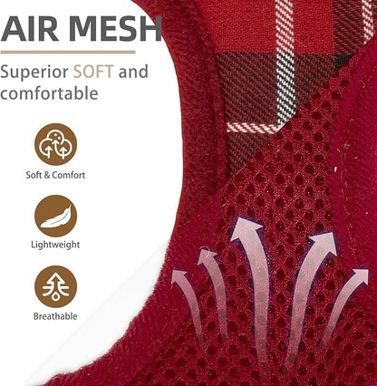 PUPTECK Soft Mesh Dog Harness and Leash Set Step-in Plaid Puppy Padded No Pull Vest Harness for XS Small Medium Sized Dogs Cats Outdoor Walking, Red M