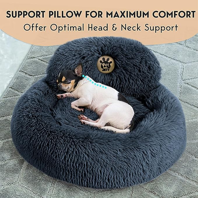PetJett Small Dog Bed - 23'' Round Dog Beds, Calming Puppy Bed - Anti-Slip & Washable Super Soft Fluffy Plush Faux Fur Pet Bed, Anti-Anxiety Premium Comfort Donut Bed, Fits Dogs upto 25 lbs, Dark Gray