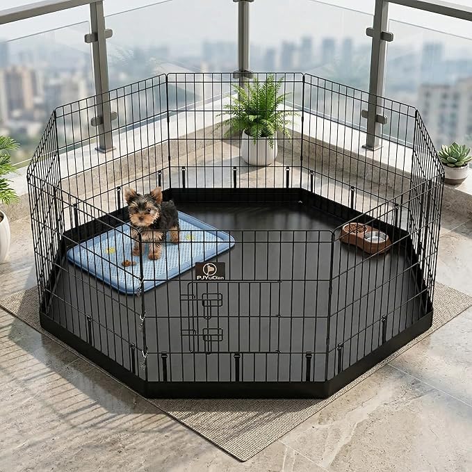 PJYuCien Dog Playpen with Bottom Pad - Metal Foldable Exercise Pen, 8 Panels 24" H x 24" W Indoor Outdoor Pet Fence Puppy Crate Kennel, Black