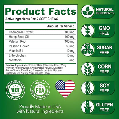 Hemp Calming Chews for Dogs with Anxiety and Stress - Dog Calming Treats - Anxiety Relief - Separation - Travel - Barking - Melatonin - Hemp Oil - 120 Soft Treats - Made in USA