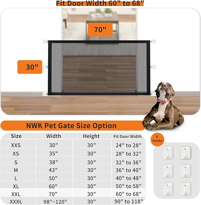 NWK Magic Dog Gate for Stairs Pet Gate for The House Providing a Safe Enclosure for Pets to Play and Rest, 6 Hooks Design (30'' X 70'')