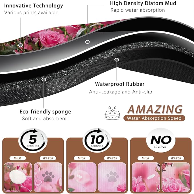 Rose Pink Dog Cat Food Mat,Butterfly Absorbent Pet Feeding Mat for Food and Water,Non-Slip Dog Bowl Mats Floor Protector 12"x20"