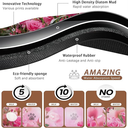 Rose Pink Dog Cat Food Mat,Butterfly Absorbent Pet Feeding Mat for Food and Water,Non-Slip Dog Bowl Mats Floor Protector 12"x20"