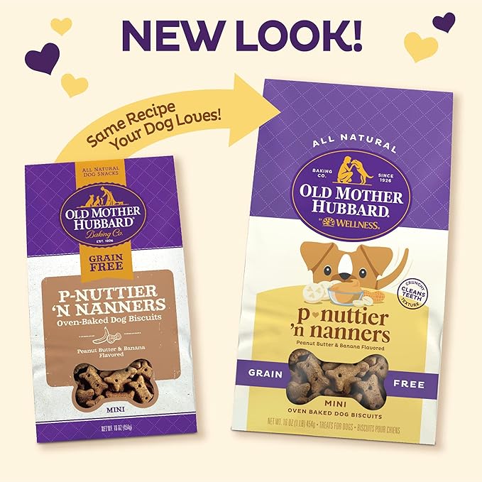 Old Mother Hubbard Wellness P-Nuttier 'N Nanners Dog Biscuits, Natural, Training Treats, Peanut Butter & Banana Flavor, Mini Size, (1 Pound Bag) (Pack of 2)