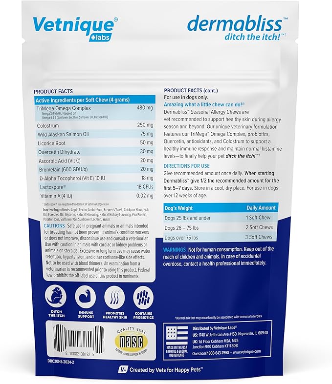 Vetnique DermaBliss Dog Allergy Chews for Seasonal Allergy Itch Relief, Skin & Gut Health with Probiotics and Omega 3 Blend - Advanced or Regular Strength (30ct, Regular Strength Chews)