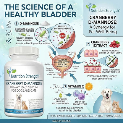 Cranberry D-Mannose for Dogs, Support for Bladder & UTI, Pet Urinary Tract + Immune Health Supplement, Cranberry for Dogs with D-Mannose & Vitamin C, 150 Chewable Tablets