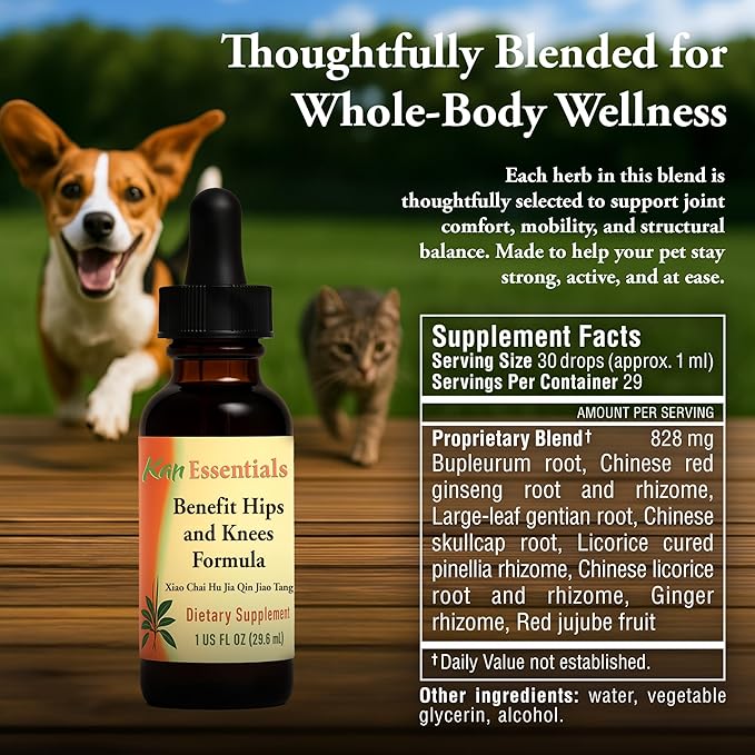 Kan Herb Company Benefit Hips and Knees Formula – Traditional Chinese Herbal Blend for Dogs and Cats to Support Joint Comfort, Mobility, & Digestive Balance, Liquid Herbal Supplement for Pets, 1 fl oz