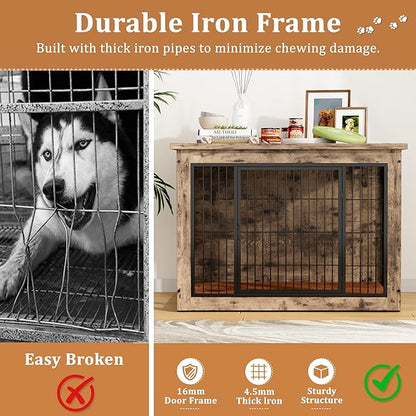 Greesum Modern Dog Crate Furniture That Doubles as a Side Table - Sturdy Wooden Kennel with Double Door Design, Equipped with Soft Cushion & Chew-Resistant Resign, Suitable for Dogs