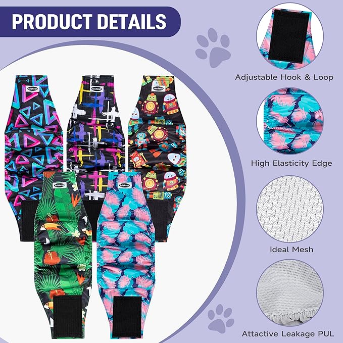 Tuiskusa Male Dog Diapers, High Absorbing Dog Belly Bands for Male Dogs, Washable Reusable Dog Male Wraps(5 Pack)