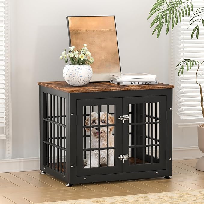 rehomerance 26 Inch Heavy Duty Dog Crate Furniture for Small Dogs, Decorative Pet House End Table, Wooden Cage Kennel Furniture Indoor, Rustic Brown