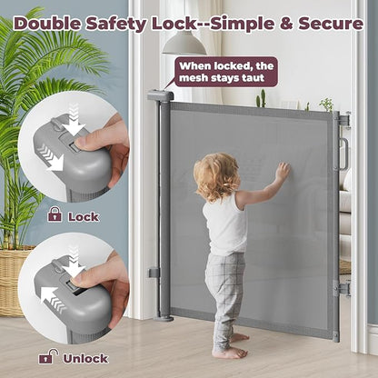 42" Extra Tall Retractable Baby Gates for Stairs, 76" Wide Dog Gate Indoor Outdoor for Doorways Deck Kitchen, Long Mesh Safety Gate for Child Toddler, Prevent Pet from Jumping Over, Grey