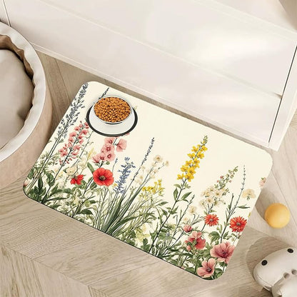 Vintage Flower Botanical Garden Dog Cat Food Mat,Absorbent Pet Feeding Mat for Food and Water,Non-Slip Dog Bowl Mats Floor Protector 12"x20"