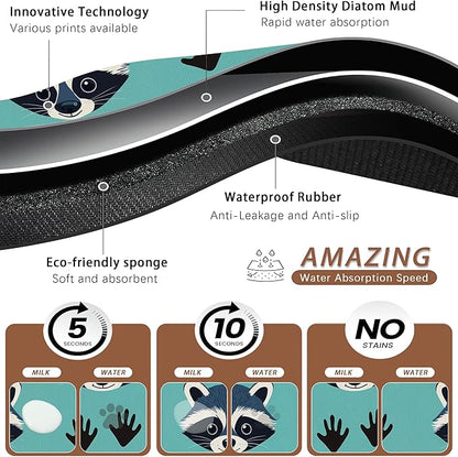 Cute Raccoon Dog Food Mat for Floors,Absorbent Pet Food and Water Bowl Mats,Non-Slip Pet Feeding Mat,Pet Supplies 16" x 24"