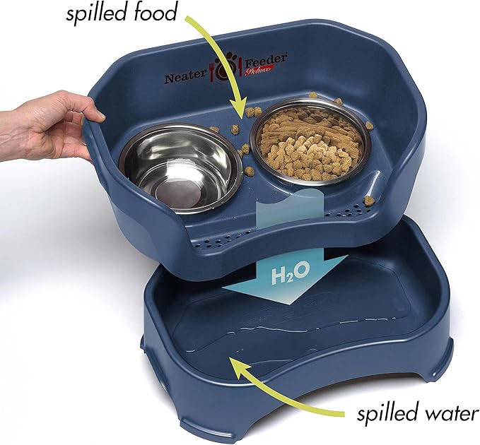 Neater Feeder Deluxe Mess-Proof Elevated Cat Bowls, 2 Height Adjustable (6” & 7.5”) No-Spill Raised Cat Bowl Stand, Whisker Friendly Stainless Steel Dishes for Indoor Cats, Made in USA, Dark Blue