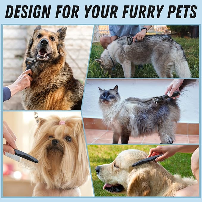 Docrok Pet Grooming Brush and Metal Comb Combo, Cat Brush Dog Brush for Shedding, Undercoat Rake for Dogs Grooming, Dematting Deshedding Brush Dogs Shedding Tool for Long matted Haired Pets, Gray